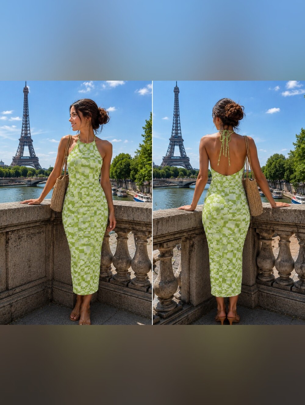 Luck & Trouble Australian Brand - Sage Green Checker Halter Midi Dress